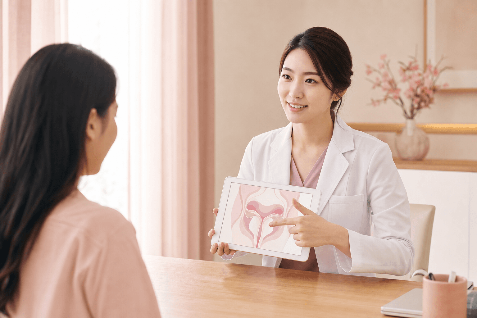 婦產科醫師在溫暖診間以平板說明衛教內容